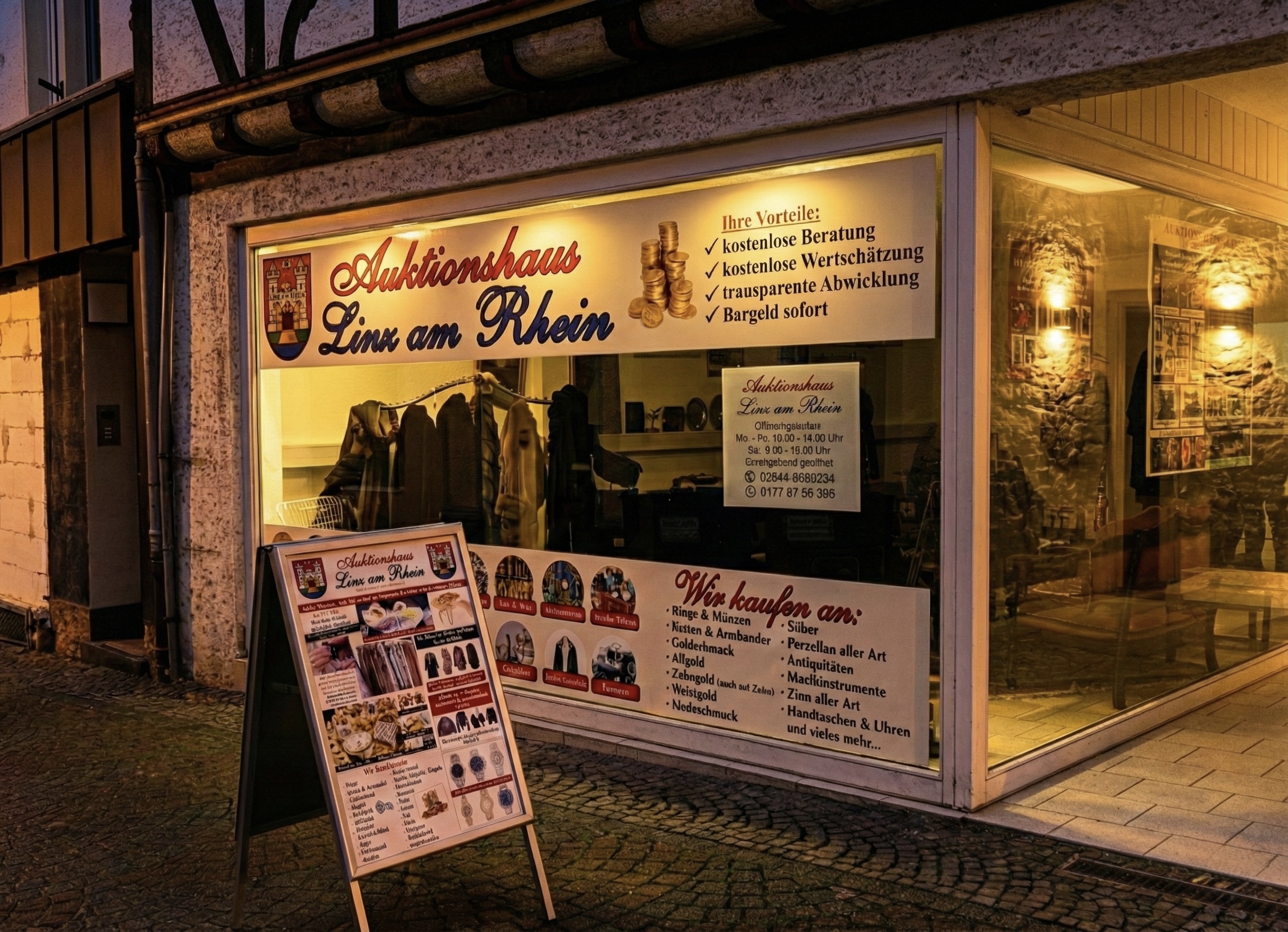 Auktionshaus Linz am Rhein – Schaufenster bei Nacht